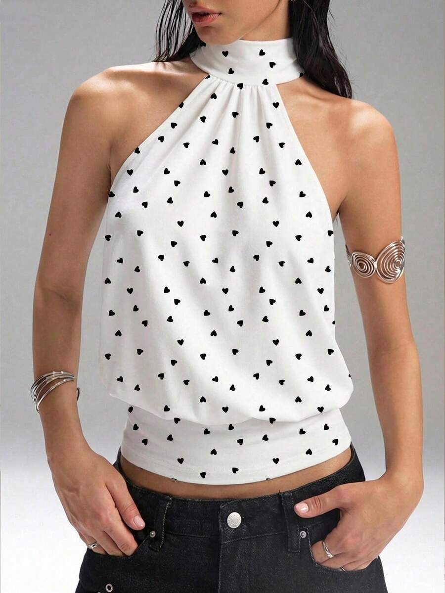 LYSMO 女士休闲爱心印花露背吊带背心，适合夏季、海滩、音乐节等场合，可用作沙滩罩衫、休闲比基尼、舒适泳装或装饰性沙滩装。高领拉链针织吊带背心，无袖，简约休闲，适合日常通勤。 - 彩色 - 查看 1