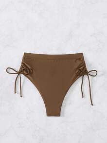 Swim Chiccia Quần bikini nữ màu trơn có dây rút bên hông và nhún bèo - màu nâu - Xem 6