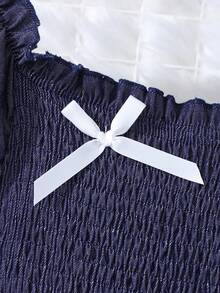 SHEIN 少女纯色泡泡袖蝴蝶结休闲夏日连衣裙 - 藏蓝色 - 查看 8