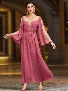 Layrah 西瓜粉色蕾丝镂空装饰金属腰带阿拉伯风格连衣裙 - 粉色 - 查看 5