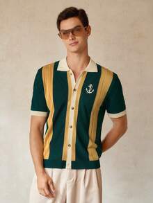 RONVEXI Camisa masculina casual de malha com blocos de cores e manga curta - Multicolorido - Ver 1