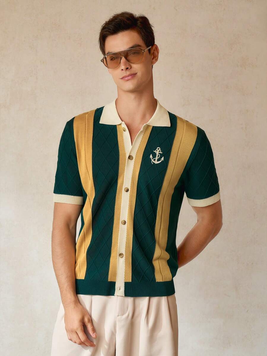 RONVEXI Camisa masculina casual de malha com blocos de cores e manga curta - Multicolorido - Ver 1