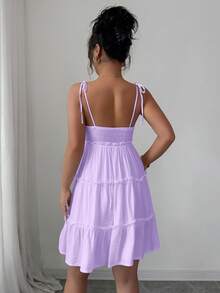 Elenzga Đầm hai dây viền bèo chấm bi Thụy Sĩ, trang phục đi biển cho nữ. - Màu tím hoa cà - Xem 2