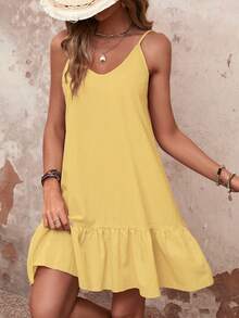 SHEIN VCAY Vestido casual de verano de unicolor con volantes en los tirantes - Amarillo claro - Ver 4