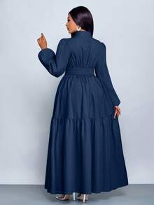 SOLERSUN Plus-Size Women's Fashion Solid Color Loose Casual Stand Collar Front Slit Teardrop Button High-End Design Tie-Waist Slim A-Line Long Dress, Elegant, Comfortable, Casual And Fashionable Commuter Dress - Navy Blue - View 2