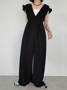 FRIFUL Women's Summer Solid Color Pleated Ruffle Tie Waist Slim Fit Jumpsuit, Versatile Jumpsuit For Women Lounge Sets For Women - Black - View 5