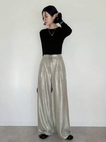 FRIFUL Women's Fashionable Commuter Metallic Wide Leg Pants - Gold - View 6