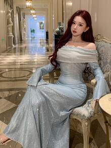 DAZY Đầm dài trễ vai xếp ly dành cho nữ, có lớp lót giữ nhiệt, thích hợp cho mùa tựu trường và các dịp trang trọng. - Xám Xanh - Xem 6