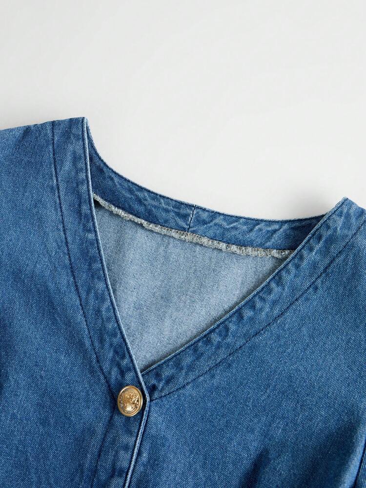 GlowEve Women's Color Block V-Neck Button Ruffle Hem Long Sleeve Denim Dress - Blue - View 6