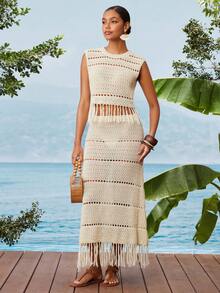 Travachic Women's Vacation Fashion Hollow-Out Camisole And Tassel Hem Skirt 2 Pieces Set - Apricot - View 7