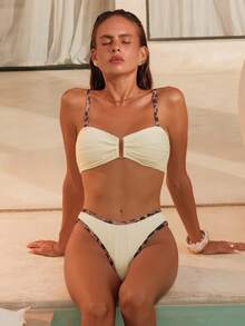 Swim Chiccia Women's New Textured Fabric Leopard Print Splice Strap Top And High Cut Triangle Bottom Elegant Casual 2-Piece Swimsuit, Spring/Summer - Multicolor - View 4