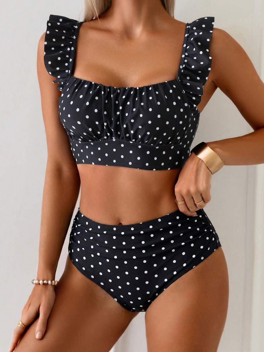 Swim Basics 两件套女士夏季沙滩优雅简约黑白波点荷叶边吊带褶皱上衣和高腰褶皱三角泳裤泳装套装 高腰比基尼套装 波点泳衣 高腰泳装套装 波点比基尼泳装两件套 - 黑與白 - 查看 1