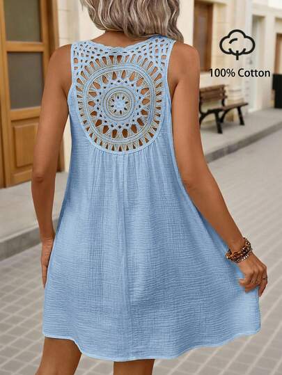 Brillora Summer Boho Solid Hollow Out Black Tank Dress