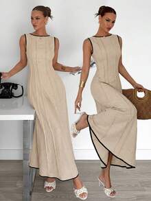 Siren Gaze 夏季新款褶皱无袖A字连衣裙 - 杏色 - 查看 7