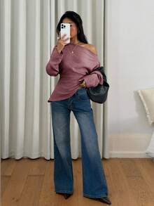 Siren Gaze Women's Solid Color Asymmetric Neck Ruffle Long Sleeve Top,Pink Top - Pink - View 5