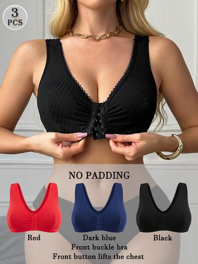 3pcs Set Simple Comfortable Elegant Solid Color Front Button Bras