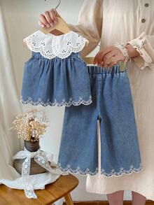 SHEIN Countryside Style Peter Pan Collar Girls Outfit, Baby Girl Fashion Embroidered Hem Sleeveless Top And Long Pants 2-Piece Set - Medium Wash - View 2