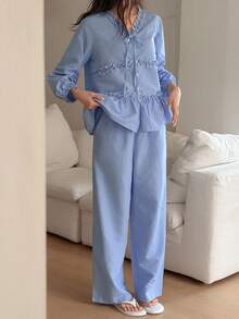 DAZY 格子荷叶边灯笼袖宽松女士睡衣套装 - 藍色 - 查看 6