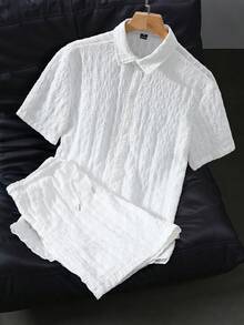 OTTIMOZO Bộ áo sơ mi nam tay ngắn dệt jacquard, cổ bẻ. - trắng - Xem 1