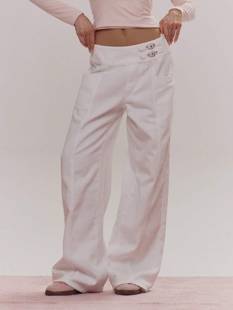 Double Buckle Waistband Detail Pleated Seam Front Wide Leg Trouser Cute Girly Sexy Spring Winter Going Out Daily Sugar Swizzle