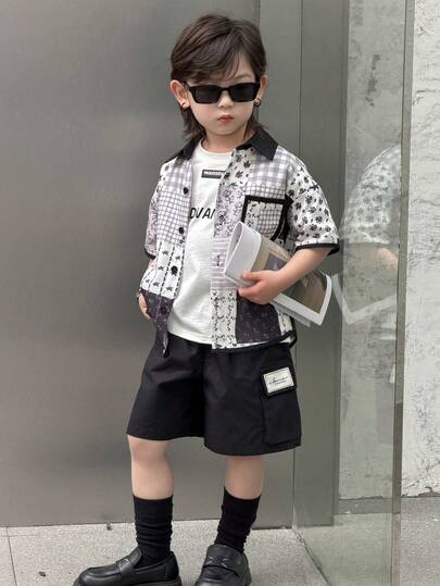 DAZY 男童夏季休闲拼接印花衬衫短裤套装