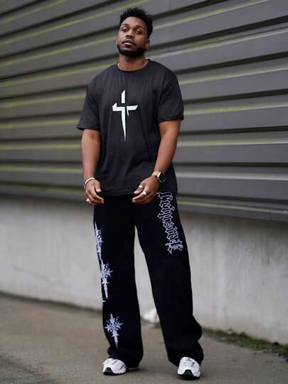 Heavens Edit 男士圆领短袖简约十字印花 T 恤，休闲日常穿着