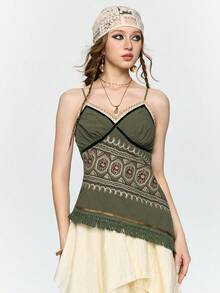 ROMWE Fairycore 仙女风休闲度假刺绣撞色不对称吊带背心 - 軍綠色 - 查看 8