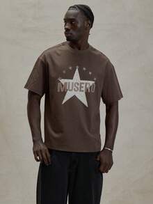 Musero Short Sleeve Crew Neck Oversized Dropped Shoulder Graphic Star Print Tshirt Spring Summer Essentials - Coffee Brown - View 5