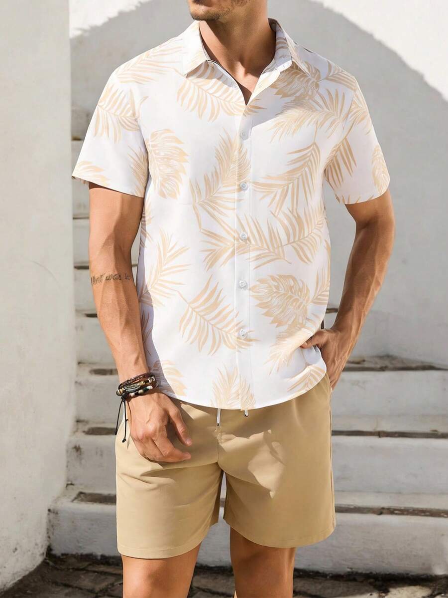 VIVINTIMO Men's Vacation Style Tropical Floral Print Shirt Set Men Resort Wear Two Pieces Summer Outfit Men White Cream Men Beach Clothes Men Beach Outfit Set - Multicolor - View 1
