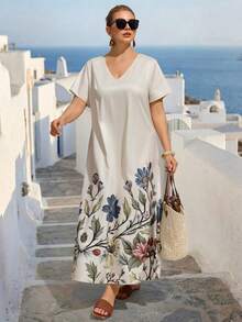Linhara CURVE Große Größen Kleid mit Blume Muster, V-Ausschnitt, Lässig Urlaubskleid mit Kurzarm - Aprikosenfarben - Übersicht 5