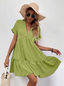 SHEIN LUNE Einfarbiges Kleid mit V-Ausschnitt, Rüschensaum, lässig und vielseitig, Kurzarm - Olivgrün - Übersicht 3
