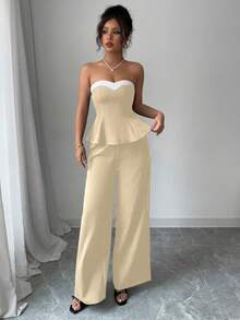 Elenzga Women's Elegant 2 Pieces Set: Ruffle Hem Bandeau Top And Wide Leg Pants - Light Yellow - View 7