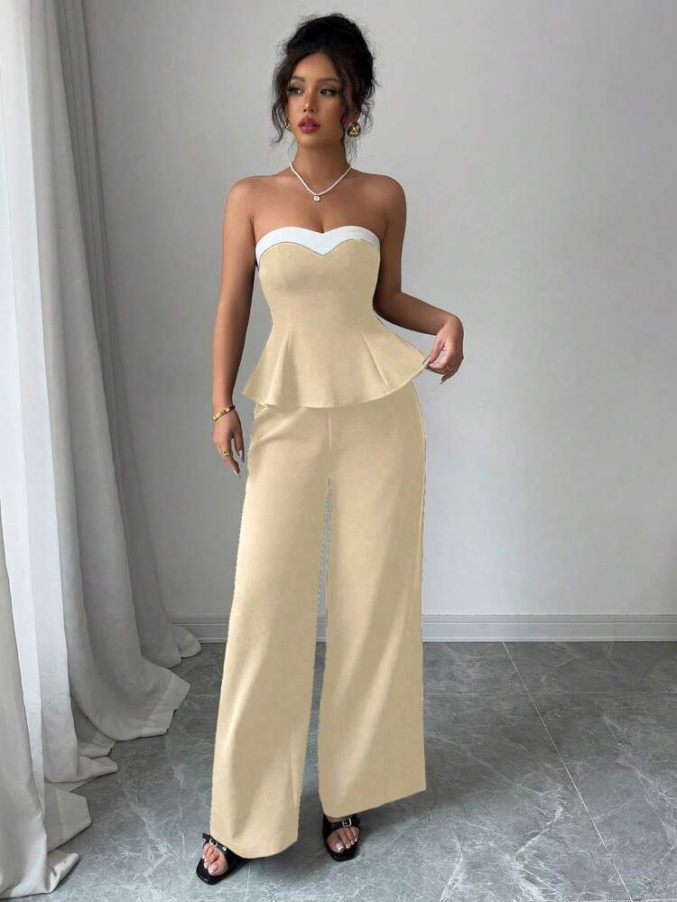 Elenzga Conjunto elegante de 2 piezas para mujer: Top bandeau con volantes en el bajo y pantalones de pierna ancha - Amarillo claro - Añade 7