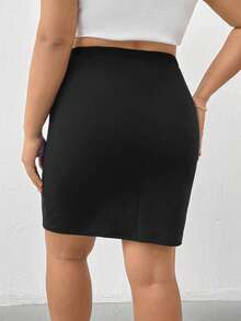 SHEIN Essnce 加大松紧腰纯色铅笔裙 - 黑色 - 查看 2