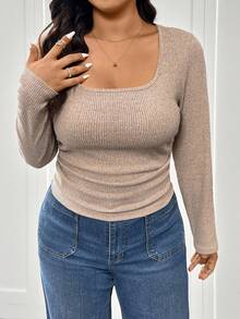 SHEIN Frenchy Apricot Rib Knit Square Neck Long Sleeve Plus Size T-Shirt Casual Regular Length Top - Apricot - View 6