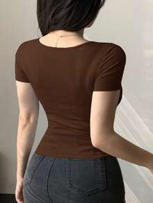 DAZY Women V-Neck Twist Hem Short Sleeve Fitted Crop Top Going Out Tops Women - Brown - View 5