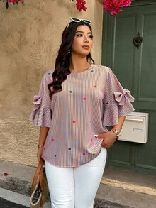 SHEIN LUNE Plus Size Women Summer Casual Vacation Valentine's Day Date Colorful Heart Striped Print Ruffle Sleeve Bow Decor Loose Blouse - Multicolor - View 4