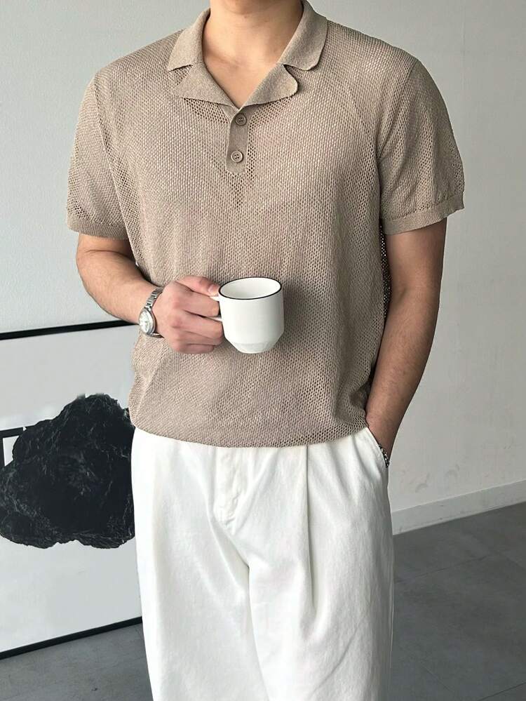 Men's Solid Color Khaki V-Neck 3/4 Sleeve Knit Top, Summer