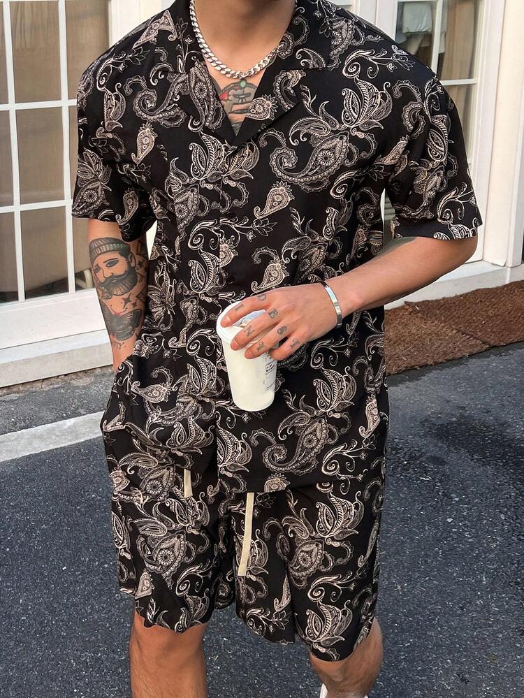 Men's Floral Print Short Sleeve Shirt And Shorts Set, Summer