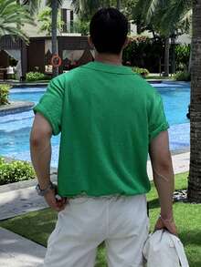 DAZY 男士纯绿色 Polo 领短袖针织衫，夏季 - 綠色 - 查看 4