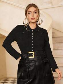 VOLUPTÉ CURVE Plus Size Spring Vintage Lapel Button-Up Long Sleeve Cardigan Outerwear, Fitted Slim Elegant Knit Fabric Casual Commuter Jacket, Black Button Up Knit Cardigan, Plus Size, Spring - Black - View 1