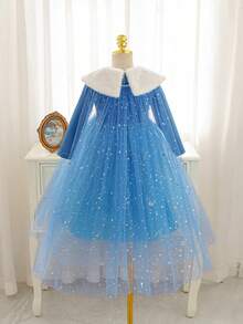 SHEIN Glamorique Kids 女童公主裙，蓝色公主裙，白色毛领，长袖，亮片，披肩，生日派对，婚礼，节日，舞会礼服，优雅正式礼服 - 水鴨藍 - 查看 2