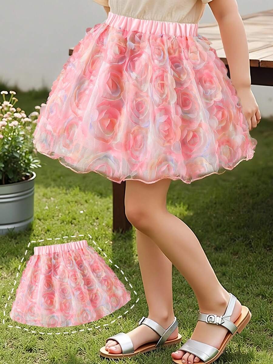 SHEIN 少女彩色3D玫瑰纹理网纱A字公主裙，百搭可爱甜美日常装扮 - 粉色 - 查看 1