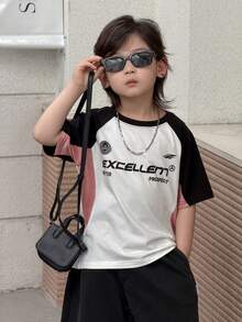 DAZY Camiseta de manga corta de cuello redondo con estampado de letras de bloques de color para niño en verano - Blanco - Ver 2