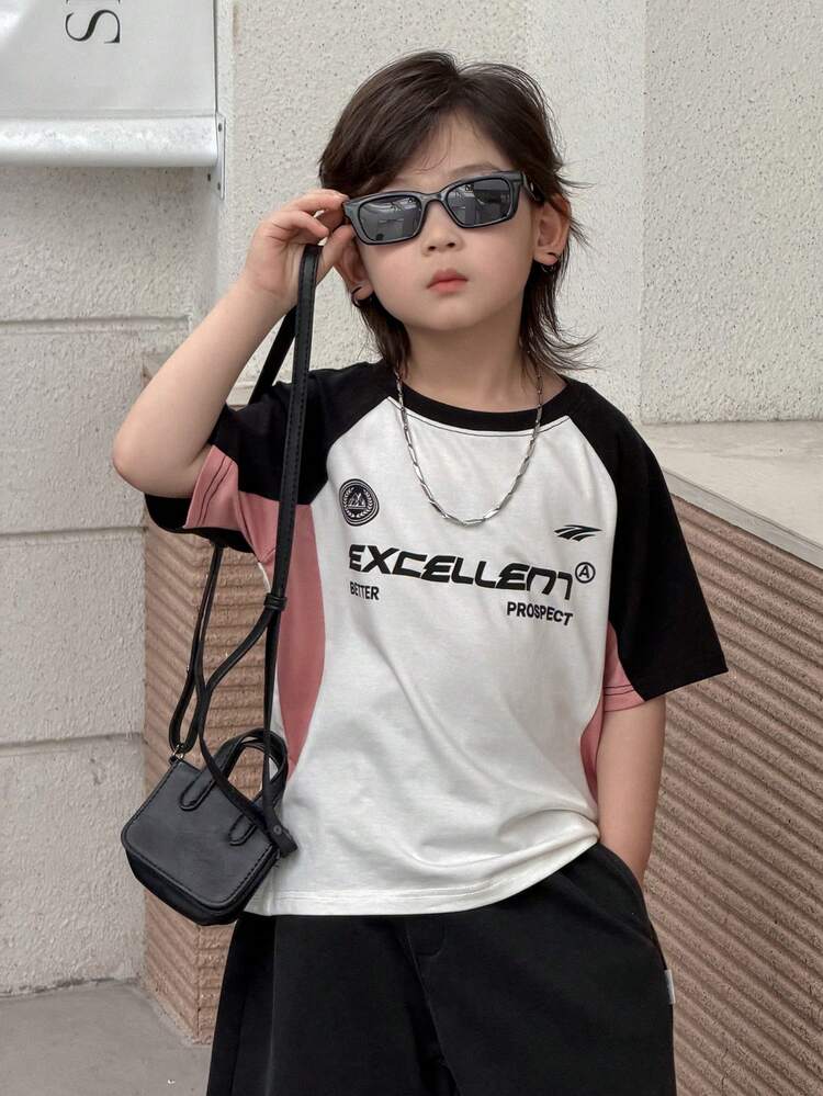 Young Boy Color Block Letter Print Round Neck Short Sleeve T-Shirt Summer