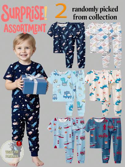 SHEIN [6pcs/Set, 2pcs/Set Randomly Shipped] Young Boys Pajamas, Spring/Summer New Fashionable Hot Selling Elements Dinosaur, Shark, Car, Helicopter, Transportation Graphic Print, Knit Snug Fit High Stretch Fabric Short Sleeve Pants Sleepwear Set, 2pcs Pajama Top + 2pcs Pajama Bottom (Randomly Shipped)