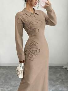 Women's Elegant Solid Color 3D Floral Knit Dress, Autumn/Winter - Khaki - View 4