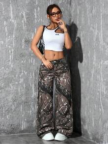 SHEIN PETITE Women's All-Over Print Slant Pocket Casual Wide Leg Jeans - Multicolor - View 4