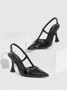 CUCCOO SZL Zapatos de mujer con hebilla y decoración de hebilla ajustable, tacón de copa de vino de 9 cm, tacones altos elegantes de tacón de aguja, material de PU espejo, tacones altos negros de tacón de gatito, versátiles y de moda, adecuados para uso diario/fiesta/Navidad/profesional - Negro grafito - Ver 2