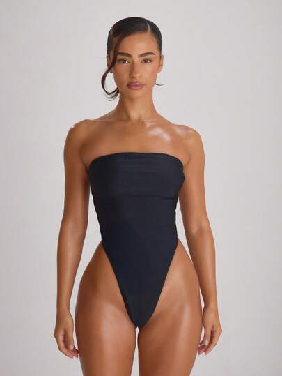 Musera Resort High Leg Bandeau Cut Out Back Swimsuit Swim Vacation Holiday Summer Travel Beachwear Basics Solid Colour Swimwear Resort Core